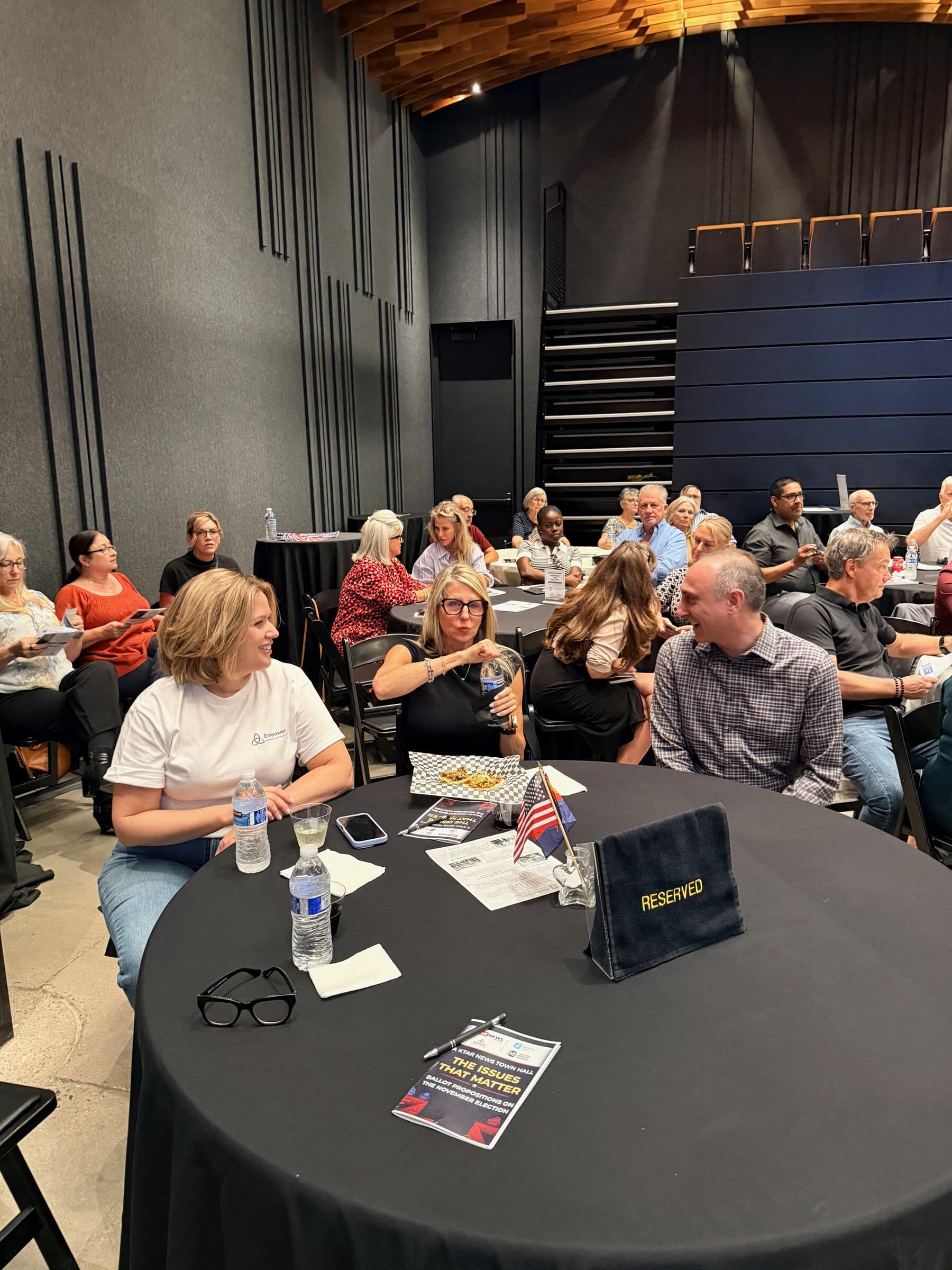 Audience members seated at tables during The Issues That Matter town hall