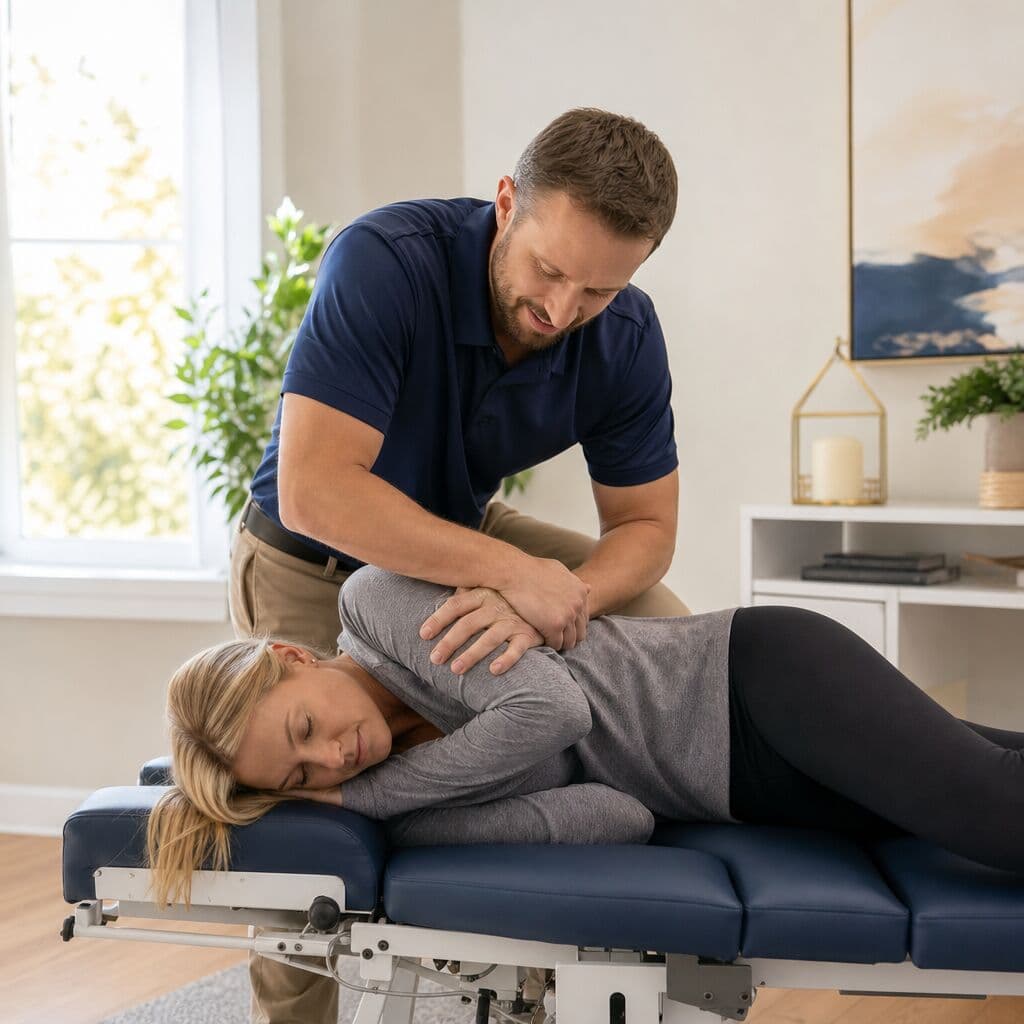 Chiropractor evaluating a patient's spine during a personal-injury visit.