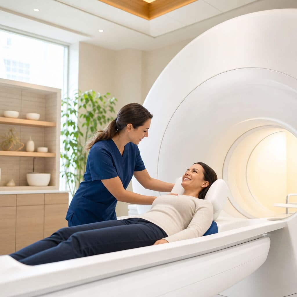 Radiologic technologist preparing a personal-injury client for an imaging study.