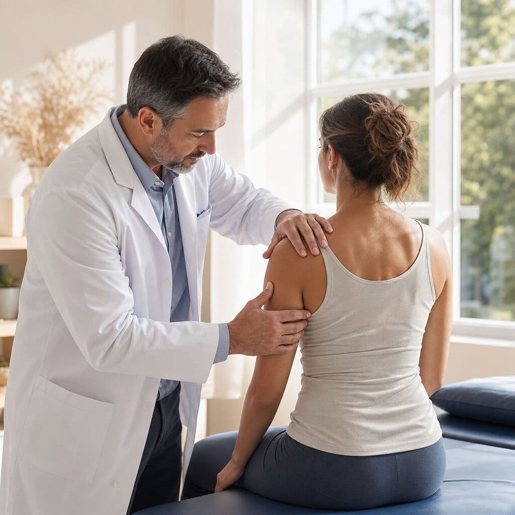 Pain-management physician reviewing imaging with a personal-injury patient.
