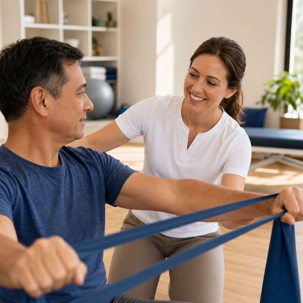 Physical therapist guiding a personal-injury client through a rehabilitation exercise.