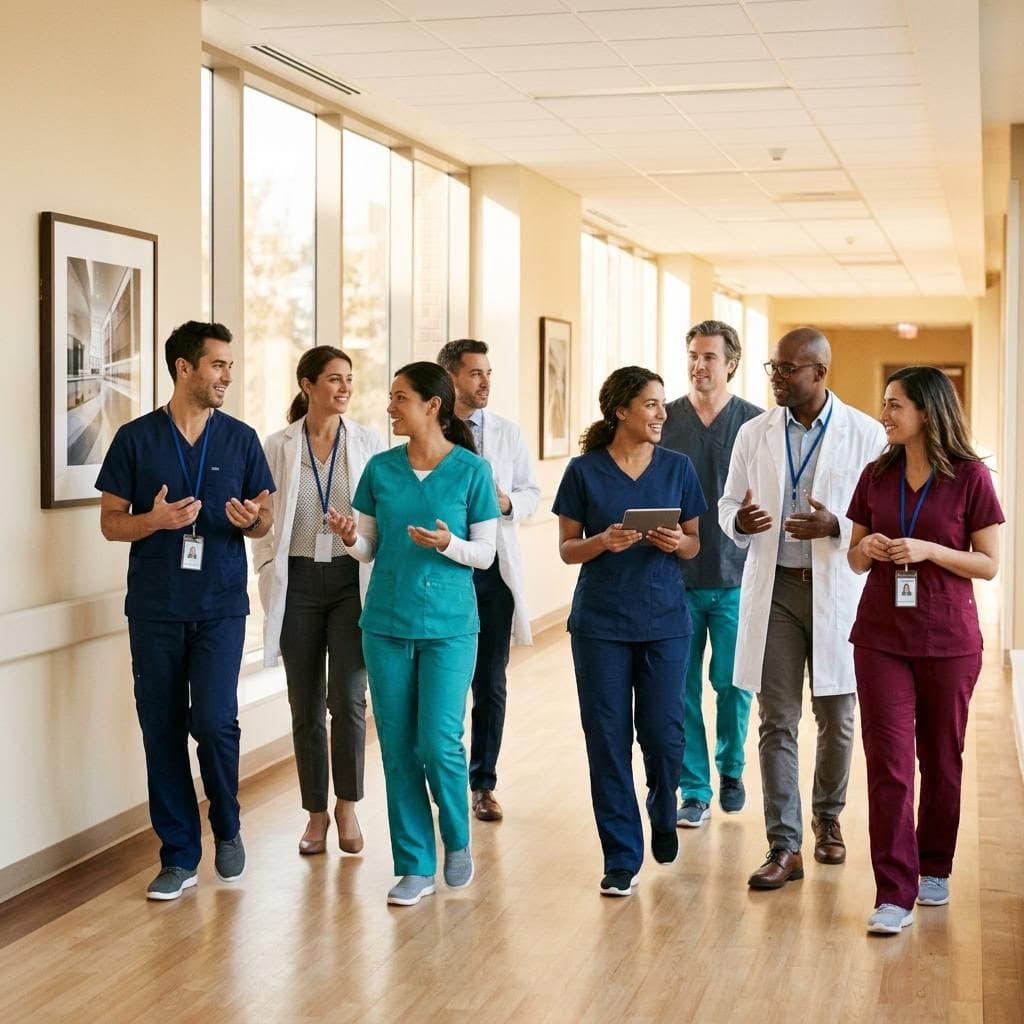 Two teams of professionals walking and talking together through a bright office corridor