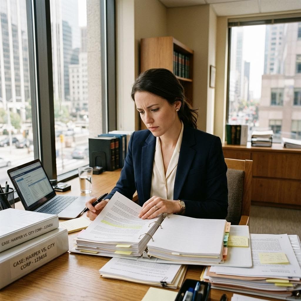 An attorney at her desk carefully reviewing a thick client case file