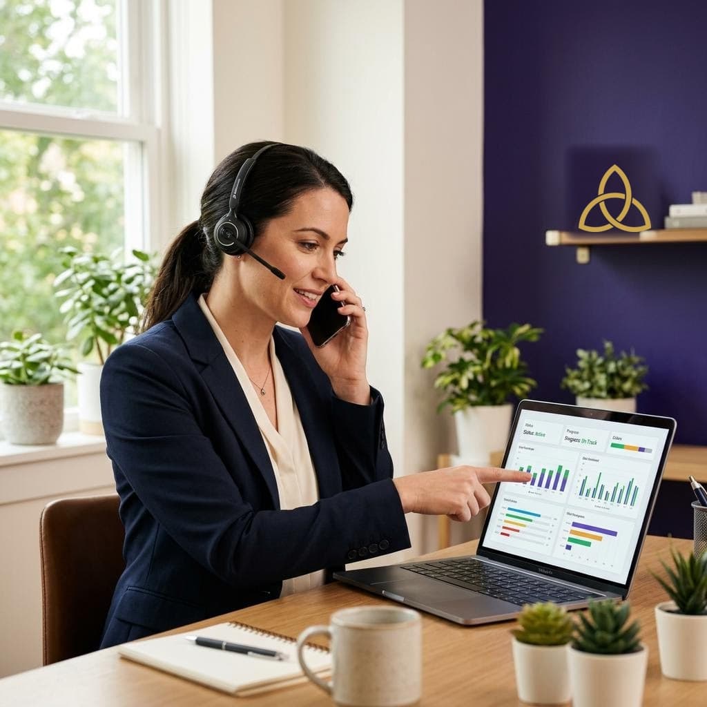 A case manager reviewing a clean status dashboard while on a call with a partner