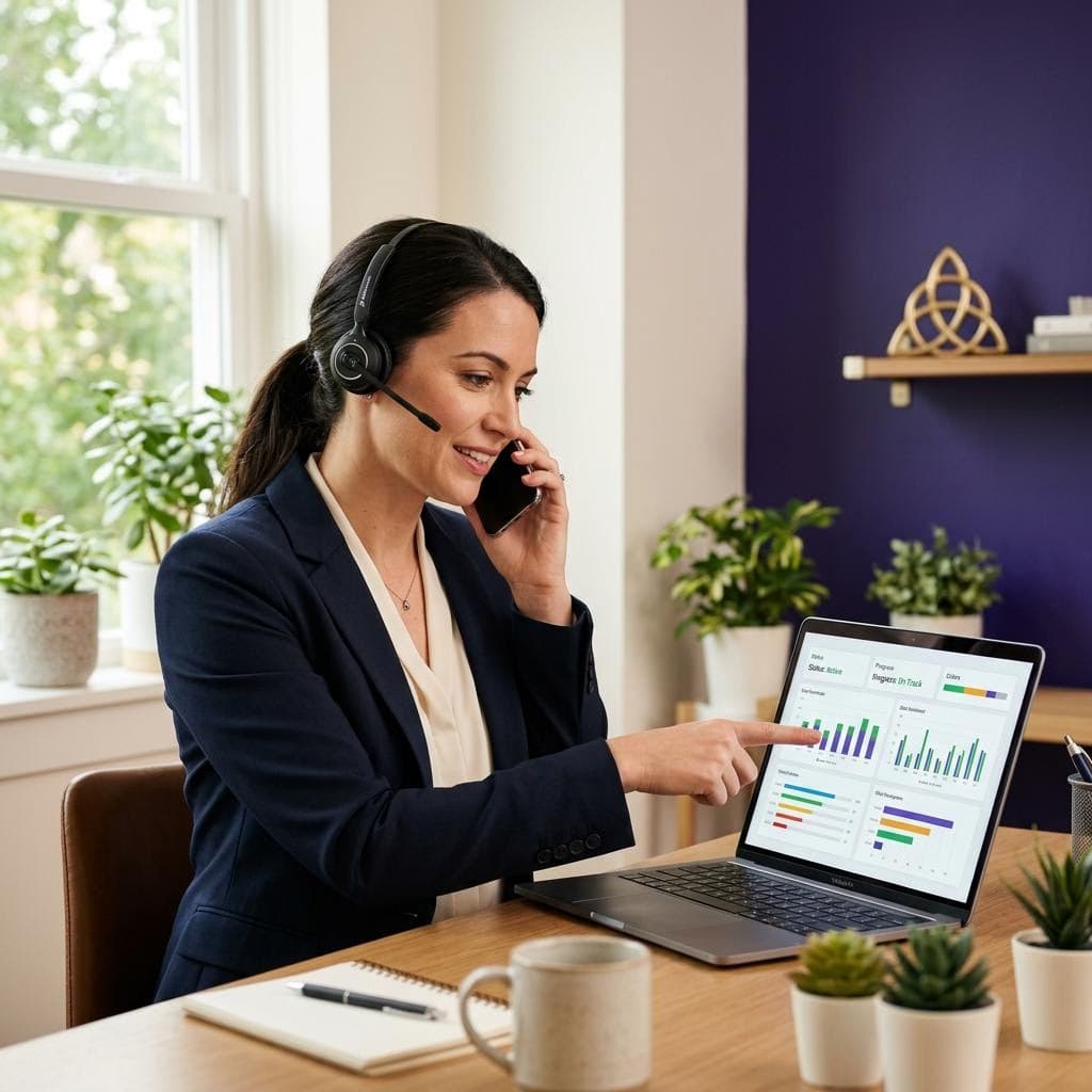 A case manager reviewing a clean status dashboard while on a call with a partner