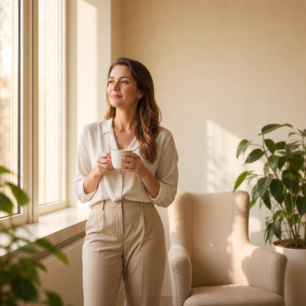 A woman standing calmly by a bright window in a warm Empower waiting room
