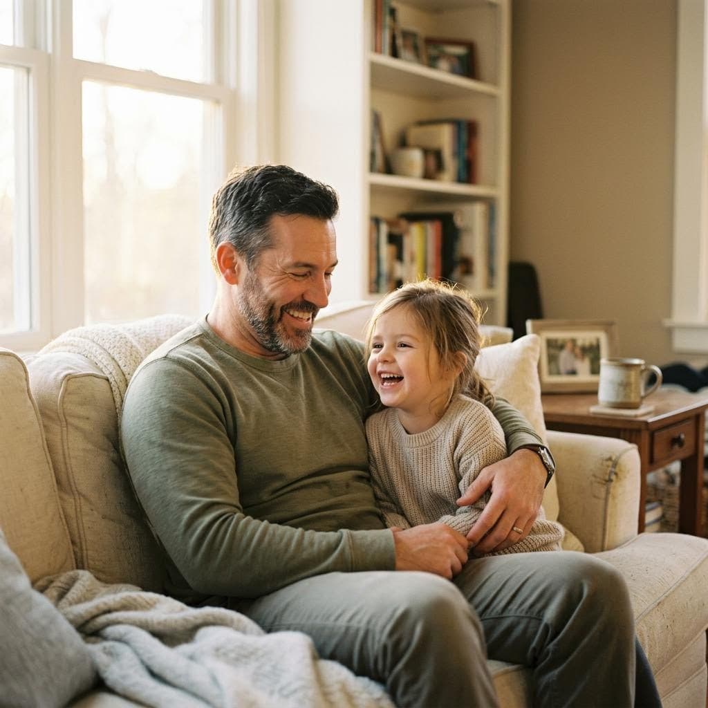A relaxed father laughing with his daughter on the couch at home in golden light