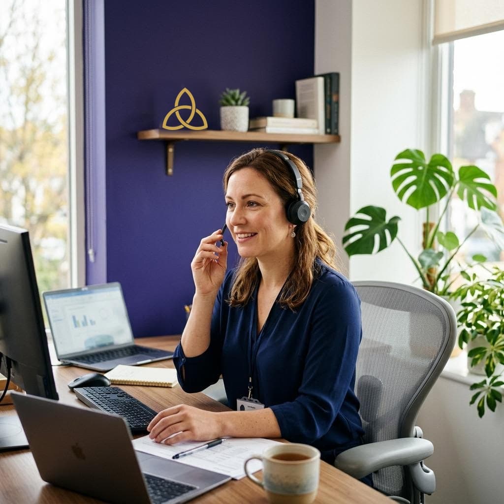 A warm care coordinator with a headset smiling while speaking with a patient