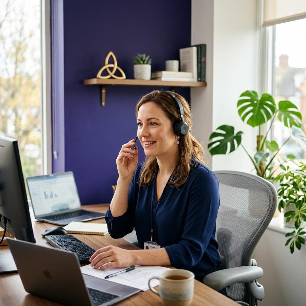 A warm care coordinator with a headset smiling while speaking with a patient