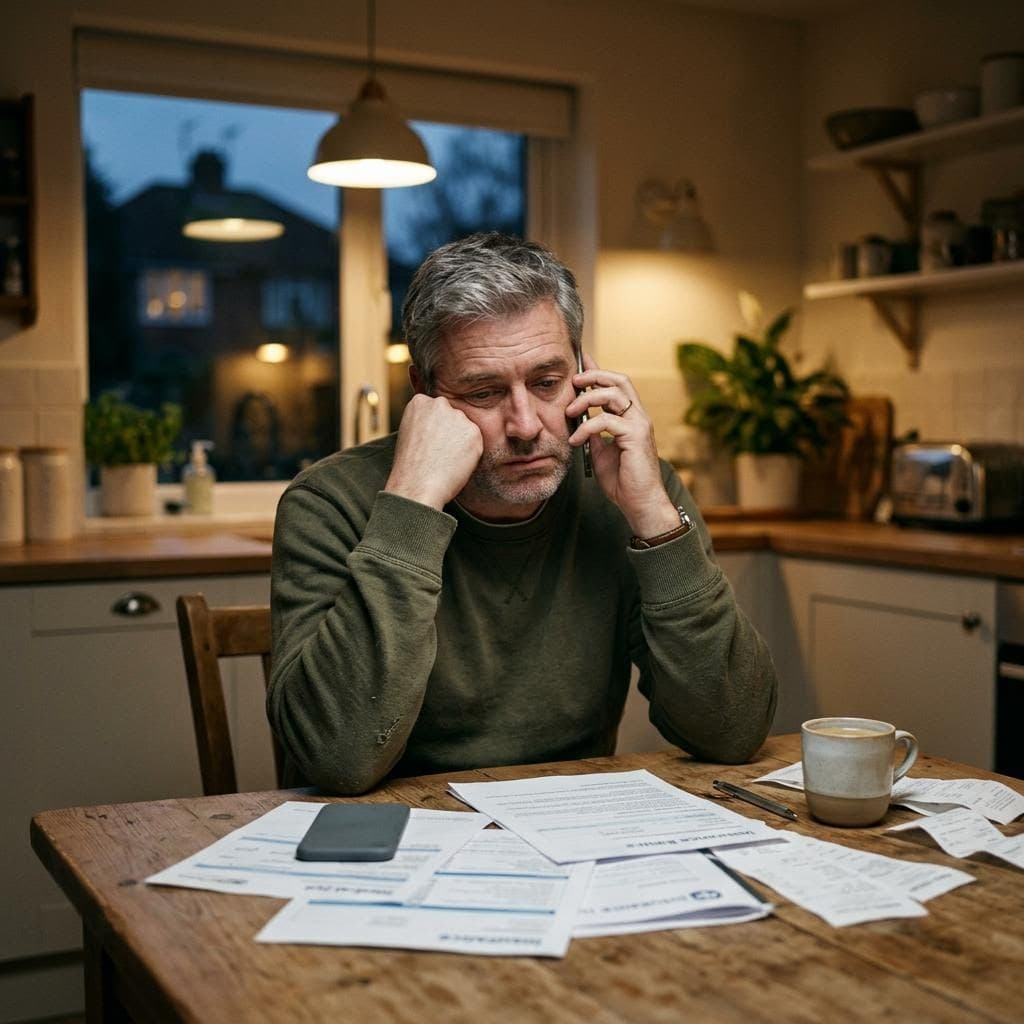A tired man at his kitchen table surrounded by insurance paperwork, on hold on his phone