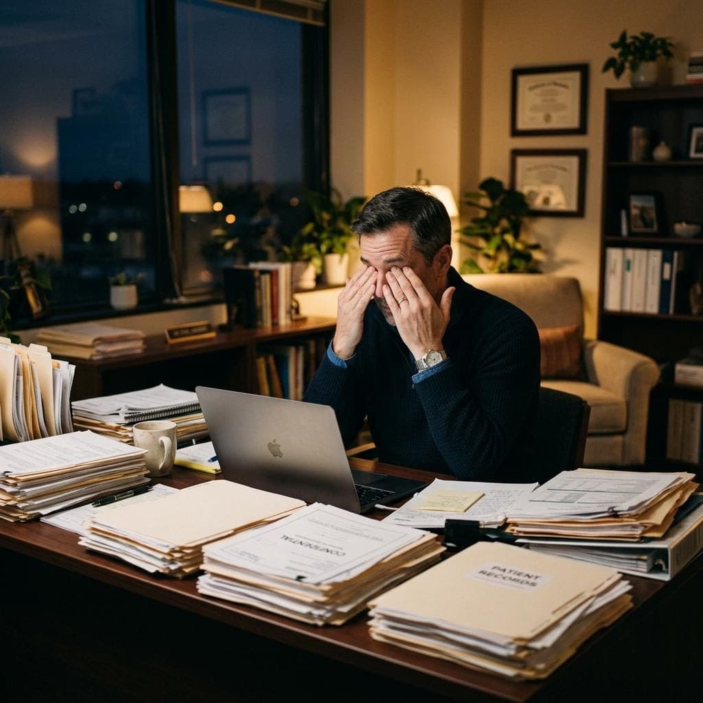 A therapist working late at night buried under charts and administrative paperwork