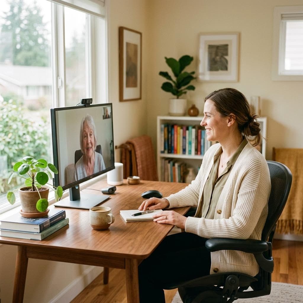 A focused clinician conducting a calm telehealth session from an organized home office