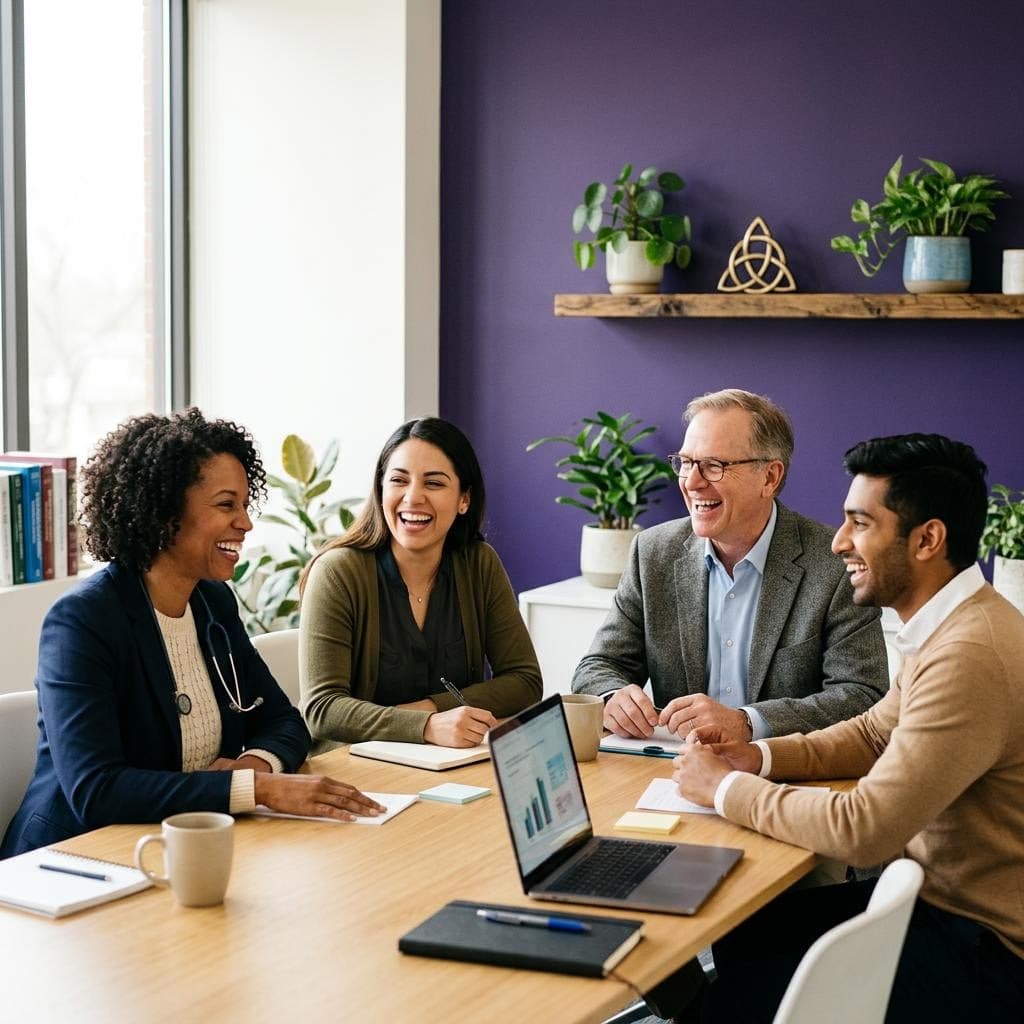 A group of clinicians laughing together during a collegial team meeting